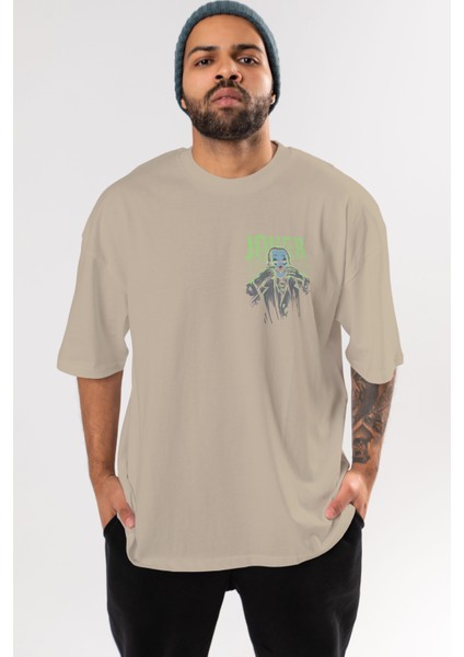 Joker (9) Ön Sol Baskılı Oversize T-Shirt Erkek Kadın Unisex Pamuk Bisiklet Yaka Tişort
