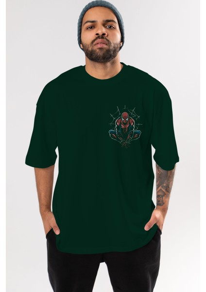 Spiderman (15) Ön Sol Baskılı Oversize T-Shirt Erkek Kadın Unisex Pamuk Bisiklet Yaka Tişort