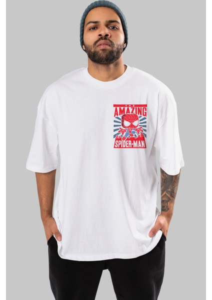 Spiderman (20) Ön Sol Baskılı Oversize T-Shirt Erkek Kadın Unisex Pamuk Bisiklet Yaka Tişort
