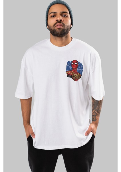 Spiderman (29) Ön Sol Baskılı Oversize T-Shirt Erkek Kadın Unisex Pamuk Bisiklet Yaka Tişort
