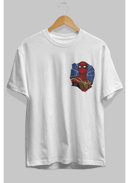 Spiderman (29) Ön Sol Baskılı Oversize T-Shirt Erkek Kadın Unisex Pamuk Bisiklet Yaka Tişort