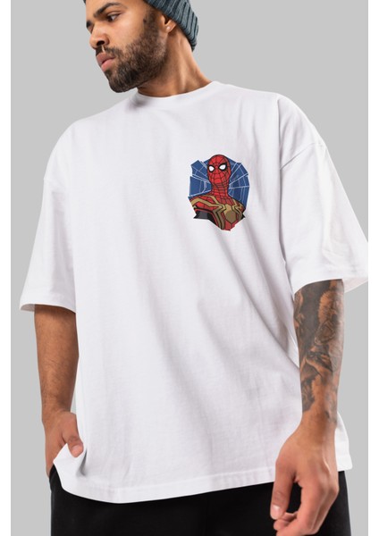 Spiderman (29) Ön Sol Baskılı Oversize T-Shirt Erkek Kadın Unisex Pamuk Bisiklet Yaka Tişort