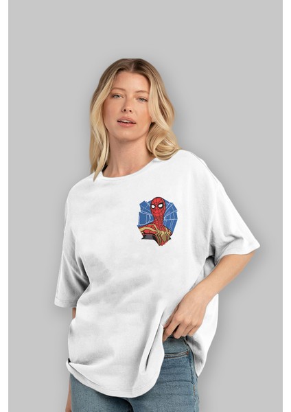 Spiderman (29) Ön Sol Baskılı Oversize T-Shirt Erkek Kadın Unisex Pamuk Bisiklet Yaka Tişort
