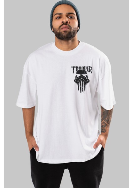 The Trooper Ön Sol Baskılı Oversize T-Shirt Erkek Kadın Unisex Pamuk Bisiklet Yaka Tişort