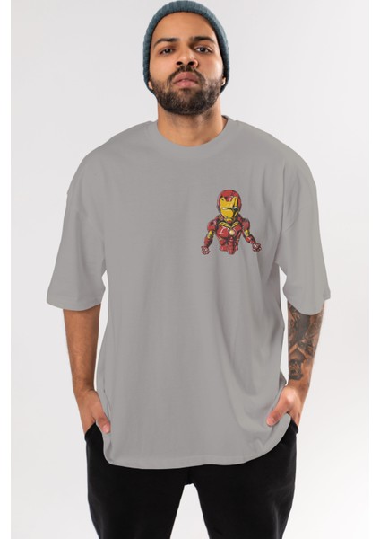 Iron Man Ön Sol Baskılı Oversize T-Shirt Erkek Kadın Unisex Pamuk Bisiklet Yaka Tişort