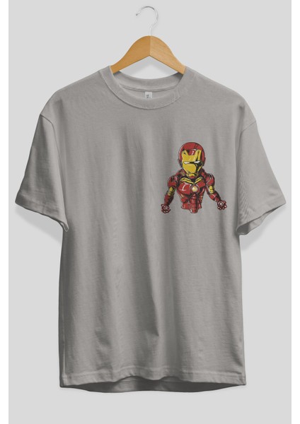 Iron Man Ön Sol Baskılı Oversize T-Shirt Erkek Kadın Unisex Pamuk Bisiklet Yaka Tişort