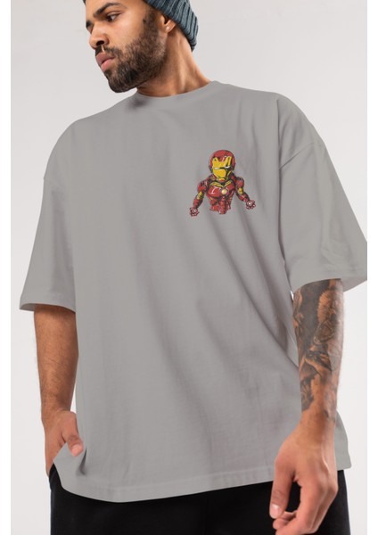 Iron Man Ön Sol Baskılı Oversize T-Shirt Erkek Kadın Unisex Pamuk Bisiklet Yaka Tişort