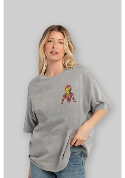 Iron Man Ön Sol Baskılı Oversize T-Shirt Erkek Kadın Unisex Pamuk Bisiklet Yaka Tişort