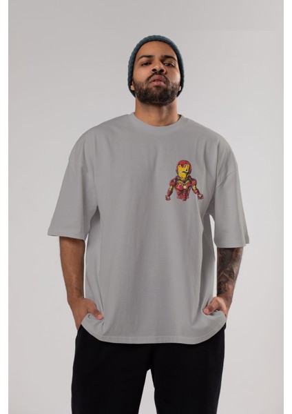 Iron Man Ön Sol Baskılı Oversize T-Shirt Erkek Kadın Unisex Pamuk Bisiklet Yaka Tişort