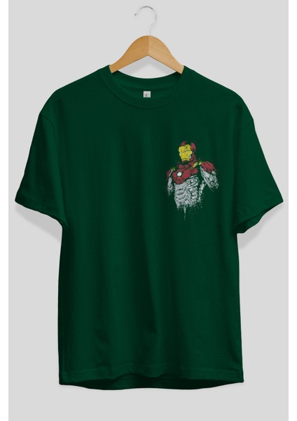 Iron Man (2) Ön Sol Baskılı Oversize T-Shirt Erkek Kadın Unisex Pamuk Bisiklet Yaka Tişort