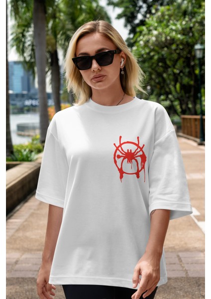 Spiderman (32) Ön Sol Baskılı Oversize T-Shirt Erkek Kadın Unisex Pamuk Bisiklet Yaka Tişort
