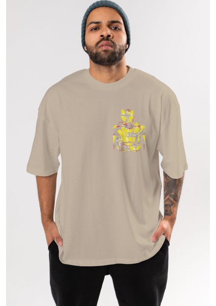 Iron Man (5) Ön Sol Baskılı Oversize T-Shirt Erkek Kadın Unisex Pamuk Bisiklet Yaka Tişort