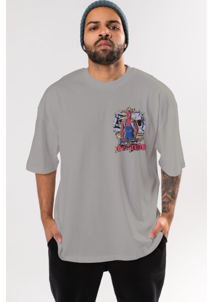 Spiderman Rock Ön Sol Baskılı Oversize T-Shirt Erkek Kadın Unisex Pamuk Bisiklet Yaka Tişort
