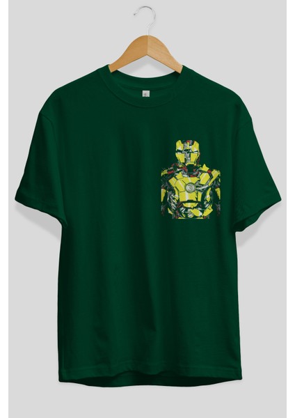 Iron Man (5) Ön Sol Baskılı Oversize T-Shirt Erkek Kadın Unisex Pamuk Bisiklet Yaka Tişort