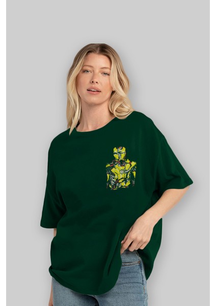 Iron Man (5) Ön Sol Baskılı Oversize T-Shirt Erkek Kadın Unisex Pamuk Bisiklet Yaka Tişort