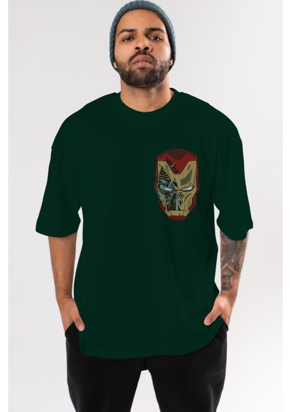 Iron Man (7) Ön Sol Baskılı Oversize T-Shirt Erkek Kadın Unisex Pamuk Bisiklet Yaka Tişort