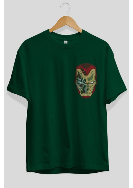 Iron Man (7) Ön Sol Baskılı Oversize T-Shirt Erkek Kadın Unisex Pamuk Bisiklet Yaka Tişort