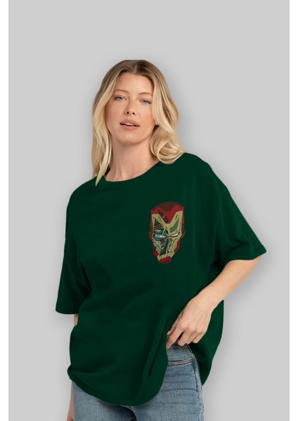 Iron Man (7) Ön Sol Baskılı Oversize T-Shirt Erkek Kadın Unisex Pamuk Bisiklet Yaka Tişort