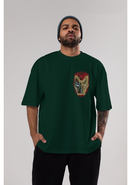 Iron Man (7) Ön Sol Baskılı Oversize T-Shirt Erkek Kadın Unisex Pamuk Bisiklet Yaka Tişort