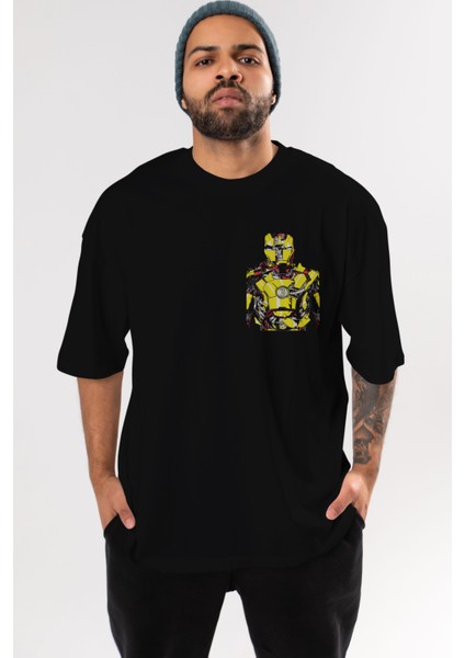 Iron Man (5) Ön Sol Baskılı Oversize T-Shirt Erkek Kadın Unisex Pamuk Bisiklet Yaka Tişort