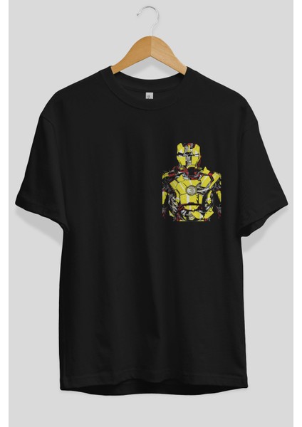 Iron Man (5) Ön Sol Baskılı Oversize T-Shirt Erkek Kadın Unisex Pamuk Bisiklet Yaka Tişort
