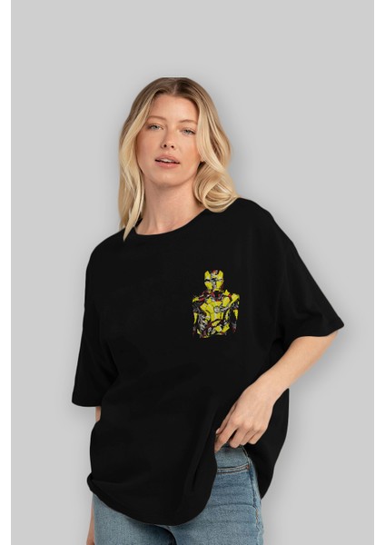 Iron Man (5) Ön Sol Baskılı Oversize T-Shirt Erkek Kadın Unisex Pamuk Bisiklet Yaka Tişort