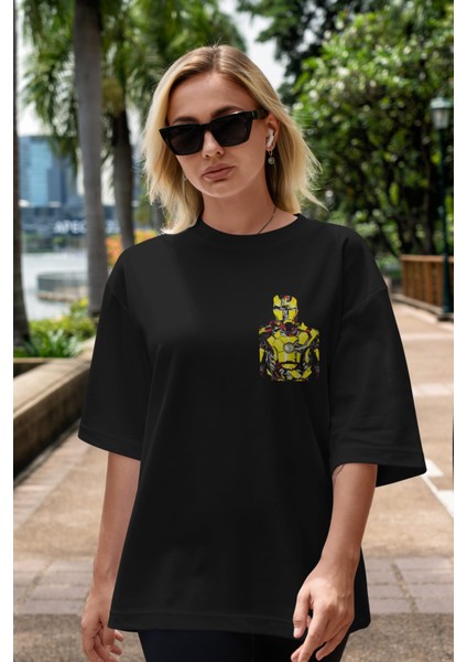 Iron Man (5) Ön Sol Baskılı Oversize T-Shirt Erkek Kadın Unisex Pamuk Bisiklet Yaka Tişort