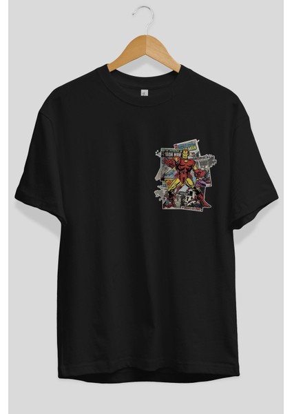 Iron Man (6) Ön Sol Baskılı Oversize T-Shirt Erkek Kadın Unisex Pamuk Bisiklet Yaka Tişort