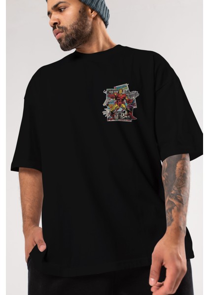 Iron Man (6) Ön Sol Baskılı Oversize T-Shirt Erkek Kadın Unisex Pamuk Bisiklet Yaka Tişort