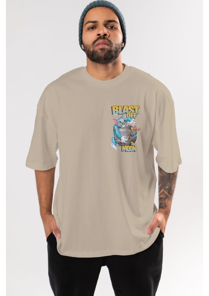 Tom ve Jerry Ön Sol Baskılı Oversize T-Shirt Erkek Kadın Unisex Pamuk Bisiklet Yaka Tişort