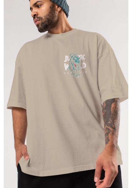Jurassic Park (1) Ön Sol Baskılı Oversize T-Shirt Erkek Kadın Unisex Pamuk Bisiklet Yaka Tişort modelleri