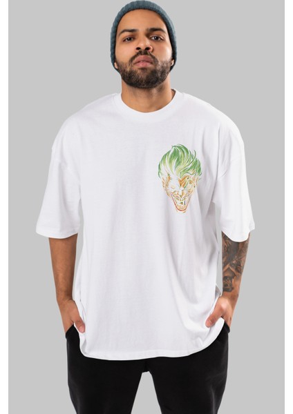Joker (3) Ön Sol Baskılı Oversize T-Shirt Erkek Kadın Unisex Pamuk Bisiklet Yaka Tişort