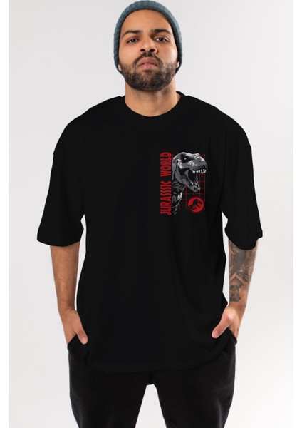 Jurassic Park (2) Ön Sol Baskılı Oversize T-Shirt Erkek Kadın Unisex Pamuk Bisiklet Yaka Tişort