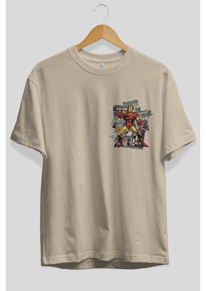 Iron Man (6) Ön Sol Baskılı Oversize T-Shirt Erkek Kadın Unisex Pamuk Bisiklet Yaka Tişort