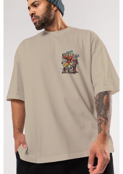 Iron Man (6) Ön Sol Baskılı Oversize T-Shirt Erkek Kadın Unisex Pamuk Bisiklet Yaka Tişort