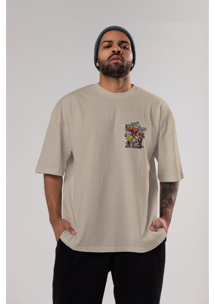 Iron Man (6) Ön Sol Baskılı Oversize T-Shirt Erkek Kadın Unisex Pamuk Bisiklet Yaka Tişort