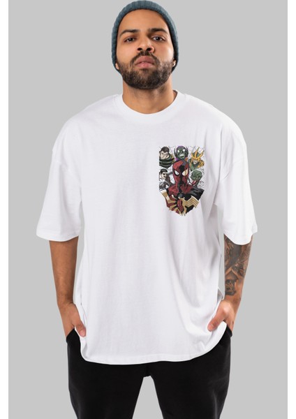 Spiderman (31) Ön Sol Baskılı Oversize T-Shirt Erkek Kadın Unisex Pamuk Bisiklet Yaka Tişort