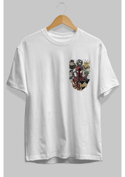 Spiderman (31) Ön Sol Baskılı Oversize T-Shirt Erkek Kadın Unisex Pamuk Bisiklet Yaka Tişort fiyatları