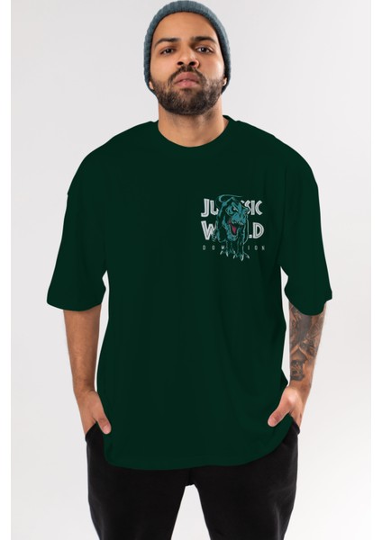 Jurassic Park (1) Ön Sol Baskılı Oversize T-Shirt Erkek Kadın Unisex Pamuk Bisiklet Yaka Tişort