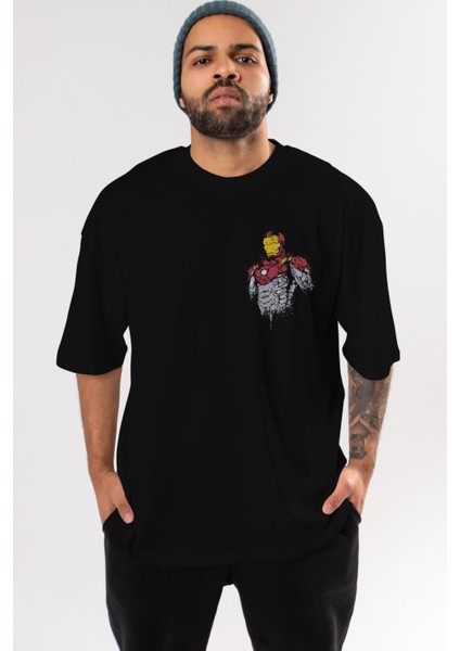 Iron Man (2) Ön Sol Baskılı Oversize T-Shirt Erkek Kadın Unisex Pamuk Bisiklet Yaka Tişort