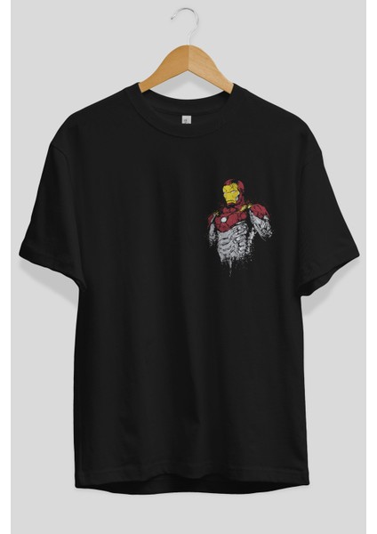 Iron Man (2) Ön Sol Baskılı Oversize T-Shirt Erkek Kadın Unisex Pamuk Bisiklet Yaka Tişort