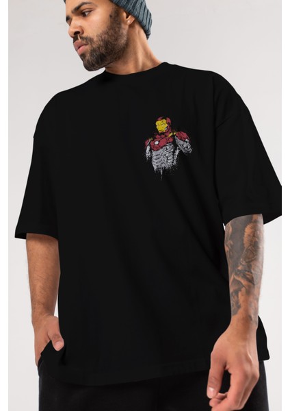Iron Man (2) Ön Sol Baskılı Oversize T-Shirt Erkek Kadın Unisex Pamuk Bisiklet Yaka Tişort