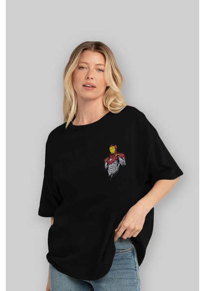 Iron Man (2) Ön Sol Baskılı Oversize T-Shirt Erkek Kadın Unisex Pamuk Bisiklet Yaka Tişort
