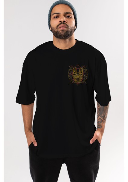 Iron Man 1 Ön Sol Baskılı Oversize T-Shirt Erkek Kadın Unisex Pamuk Bisiklet Yaka Tişort