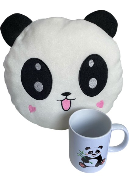 Panda Şeklinde Yastık ve 9 x 8 cm Panda Desenli Kupa Seti