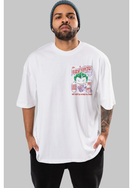 Joker (4) Ön Sol Baskılı Oversize T-Shirt Erkek Kadın Unisex Pamuk Bisiklet Yaka Tişort
