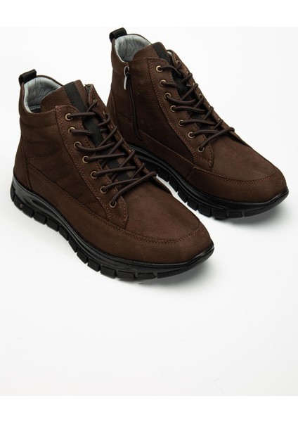 Hakiki Deri Nubuk Erkek Bot Kahve Elastik Bağcıklı Yan Baskılı
