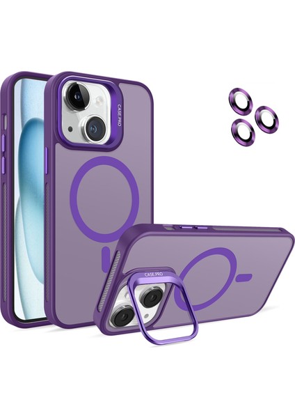 Caseworld Apple iPhone 15 Lens Hediyeli Kapak Kamera Korumalı Wireless Şarj Özellikli Standlı Premium Kılıf - Mor