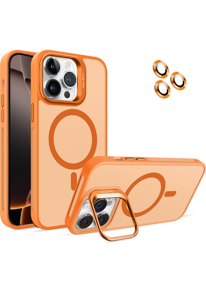 Caseworld Apple iPhone 16 Pro Lens Hediyeli Kapak Kamera Korumalı Wireless Şarj Özellikli Standlı Premium Kılıf - Turuncu