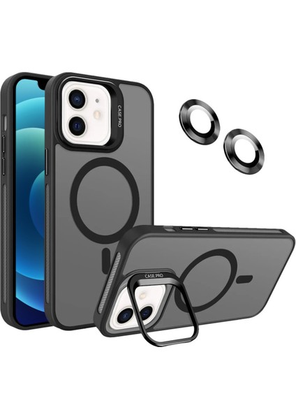 Caseworld Apple iPhone 12 Lens Hediyeli Kapak Kamera Korumalı Wireless Şarj Özellikli Standlı Premium Kılıf - Siyah